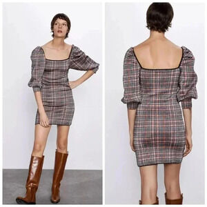 NWT Zara Bodycon Houndstooth Plaid Knit Dress Boat Halter Neck Black/Orange Sz L